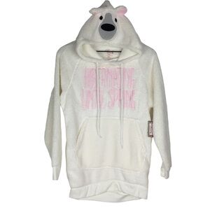 Polar Bear Hoodie Fleece Pullover Hibernating Until Spring S/M NWT Secret Santa